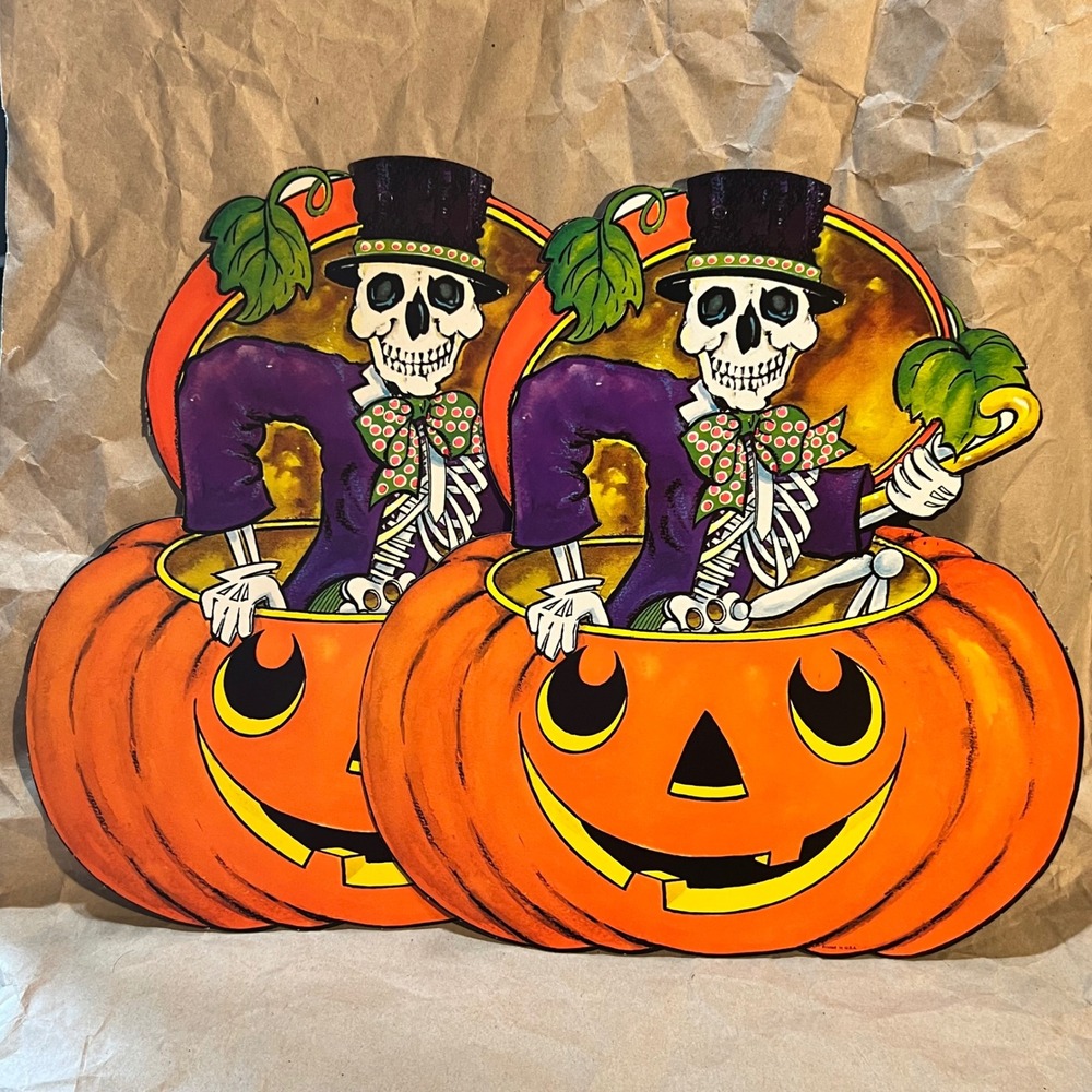 Vintage Halloween Die Cut Set 2 Skeleton‎ in Pumpkin Orange Purple Retro Decor